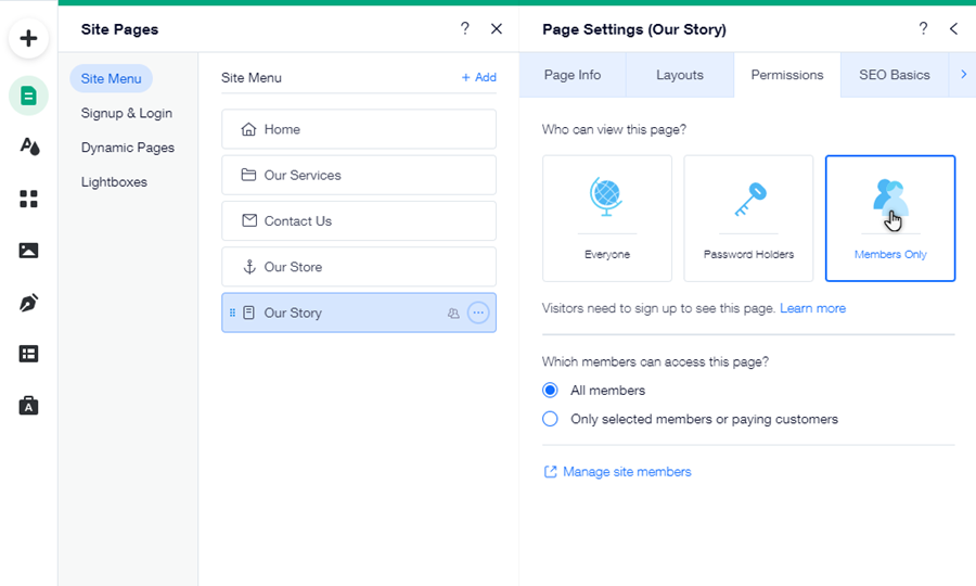 The Permissions panel of a page in the Editor.