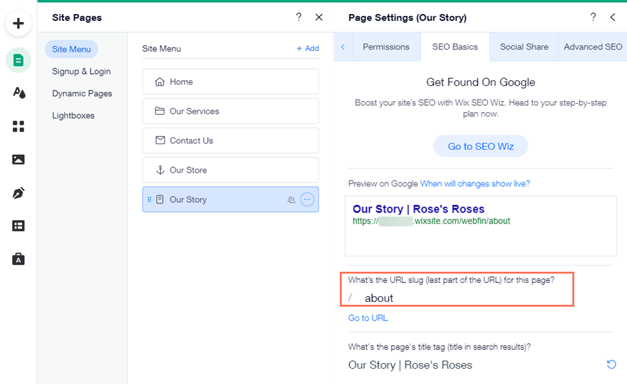 The SEO basics panel of a page in the Editor.