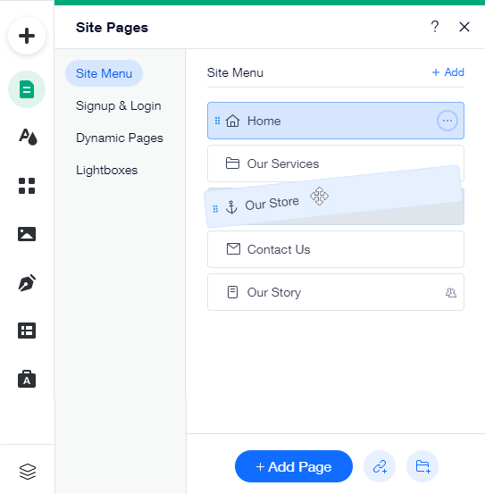 The Menus & Pages panel in the Editor. A page is being dragged to a new location.