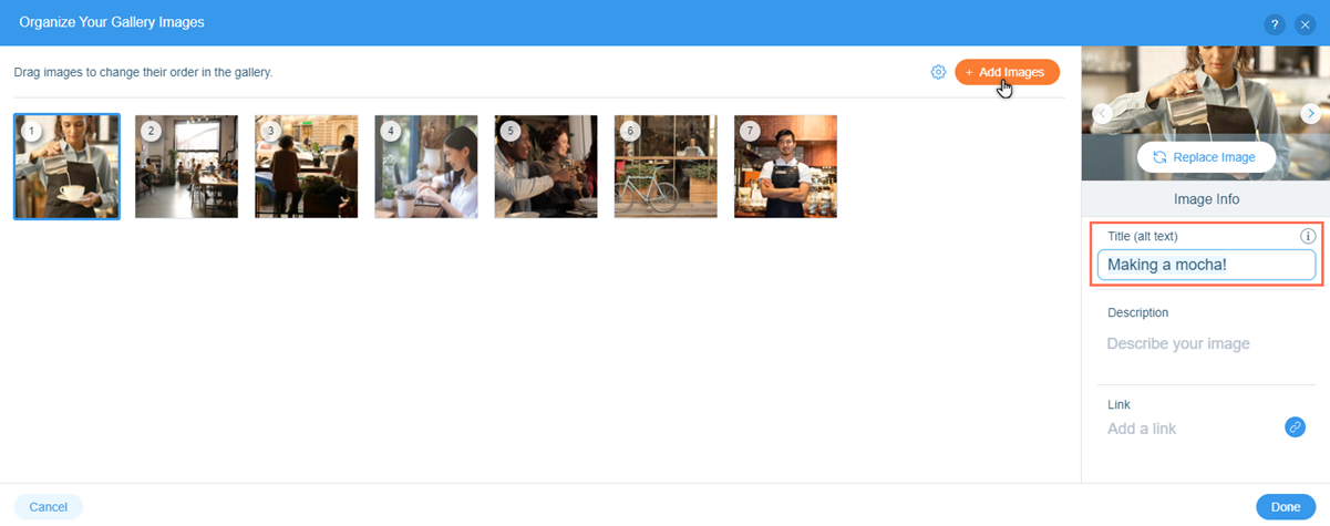 The Organize Gallery Images panel. The cursor is hovering over the Add Images button, and the alt text field is highlighted.