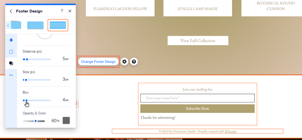 The 'Customize Footer Design' panel. The cursor is hovering over the slider to adjust the blur of a shadow.