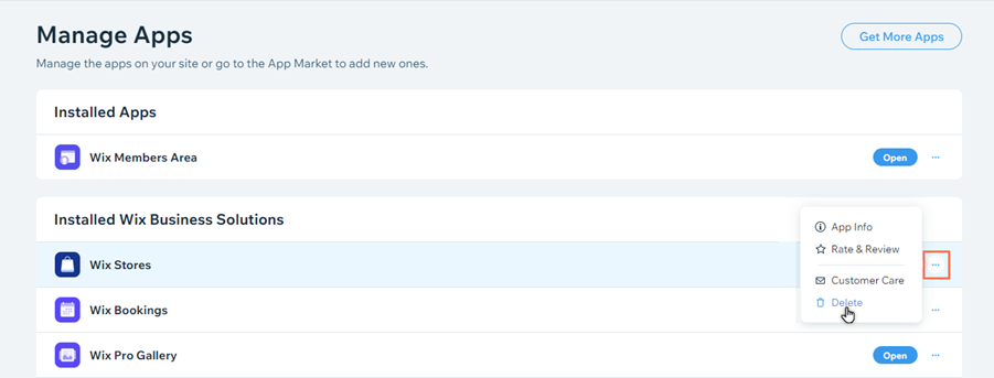 החלונית של ניהול אפליקציות ב-Wix App Market. סמן העכבר נמצא מעל לאפשרות של מחיקת Wix Stores.