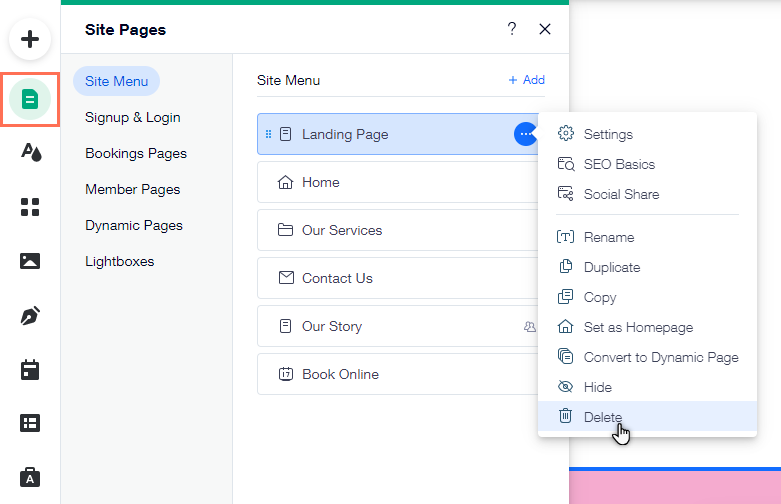 Панель меню и страницы в редакторе. Курсор наведен на опцию удаления лендинга.