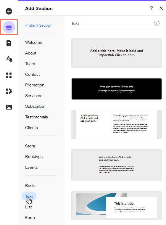 The Add Section panel in the Editor. The cursor is hovering over the 'Text' tab.