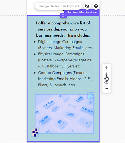 A section, highlighted in the mobile Editor. The cursor is hovering over the option to move the section down.