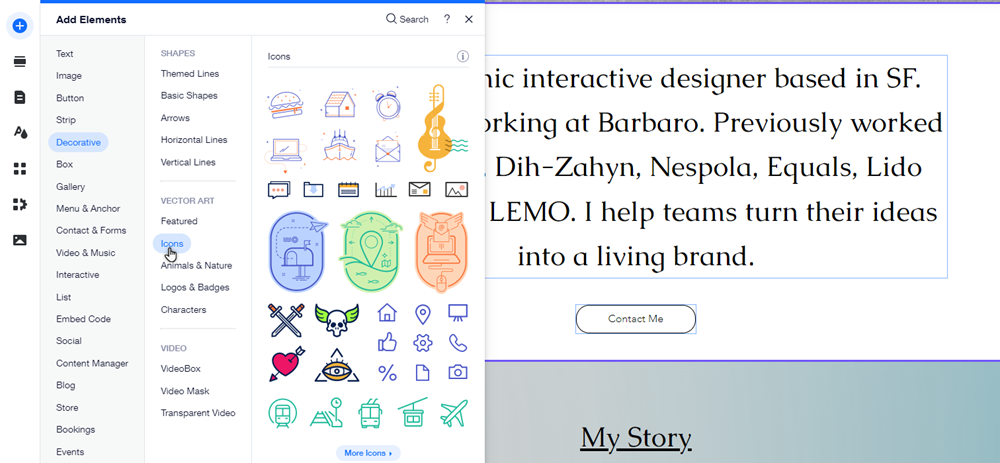 The 'Add Elements' panel in the Editor. The 'Decorative' tab is open, and the cursor is hovering over the 'Icons' option.