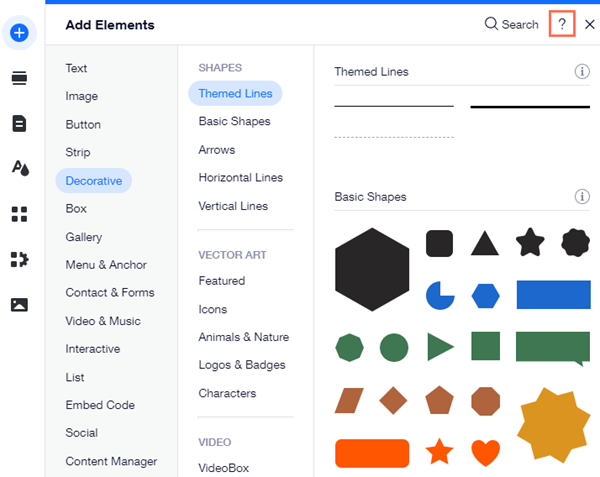 The Add Elements panel in the Editor. \the question mark icon has been highlighted.