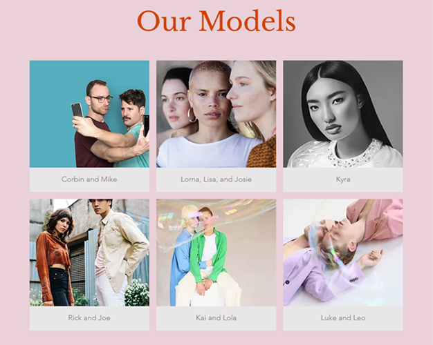 A gallery on a live wix site. The gallery is titled 'Our Models' and each image has a title with the model's name.