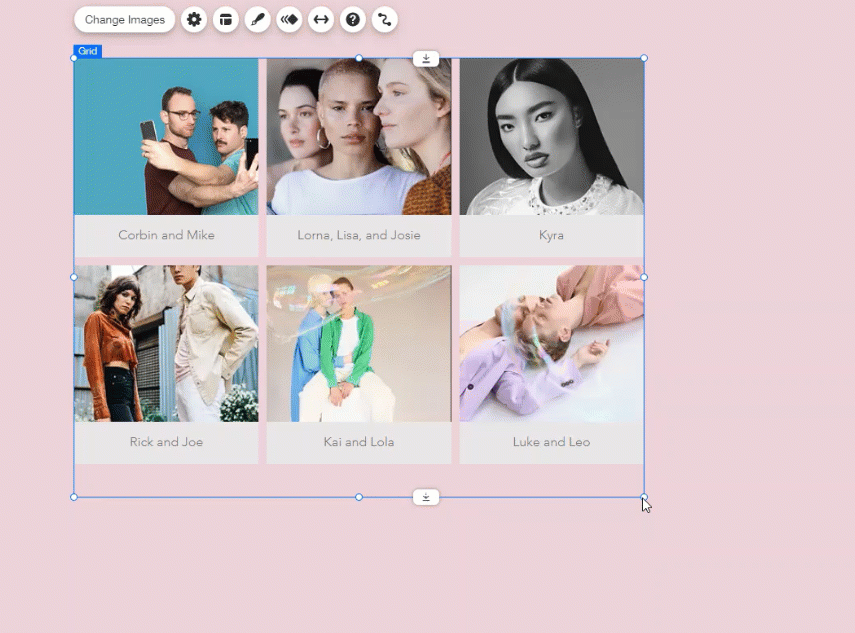 A GIF showing a grid gallery being stretched and resized with the stretch handles.