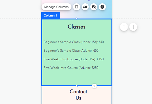 Colunas destacadas em uma faixa no Editor Wix.