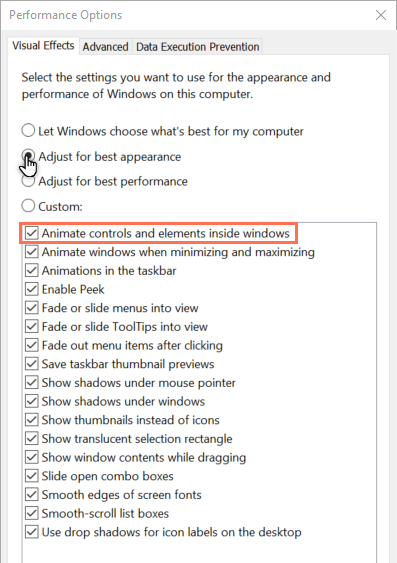 Adjust appearance and performance of windows tab. The cursor is hovering over 'adjust for best appearance'.