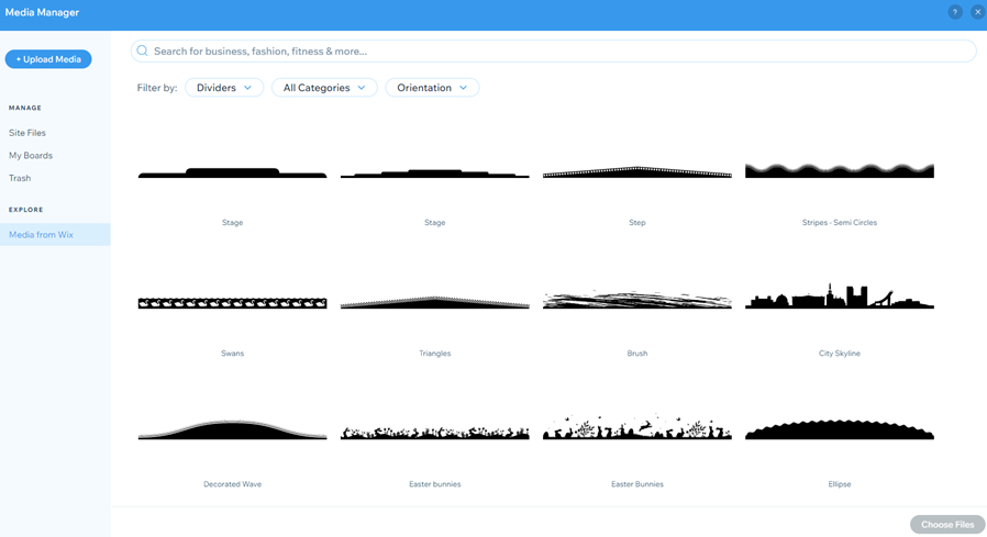 קטלוג המדיה של Wix שמציג עיצובים נוספים של קווים מפרידים