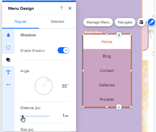 The menu items design panel. The shadow tab is open, and the cursor is hovering over the shadow size slider.