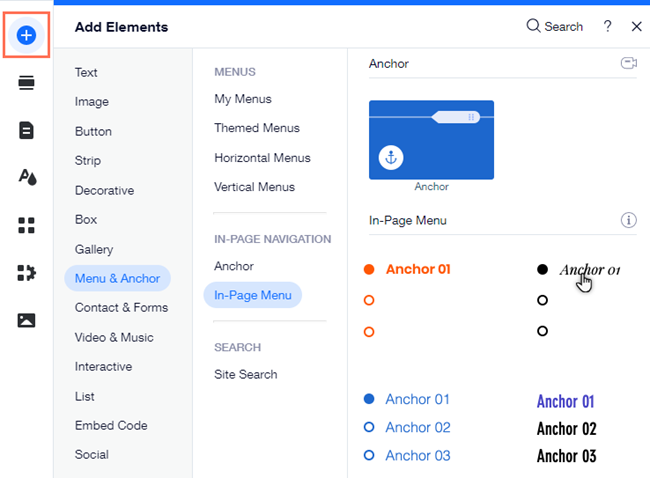 The add elements panel in the Editor. The cursor is hovering over an in-page menu design.