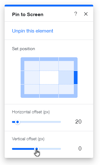 Das „Position fixieren“-Panel im Editor. Der Cursor fährt über den Schieberegler für den vertikalen Abstand.