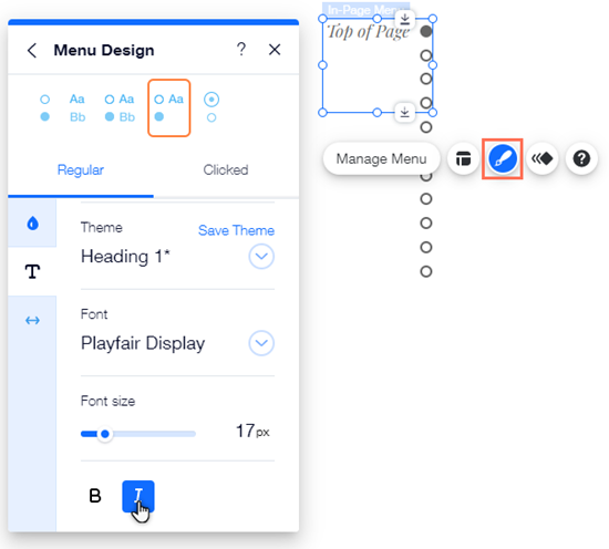 The in-page menu design panel. The cursor is hovering over the italic button.