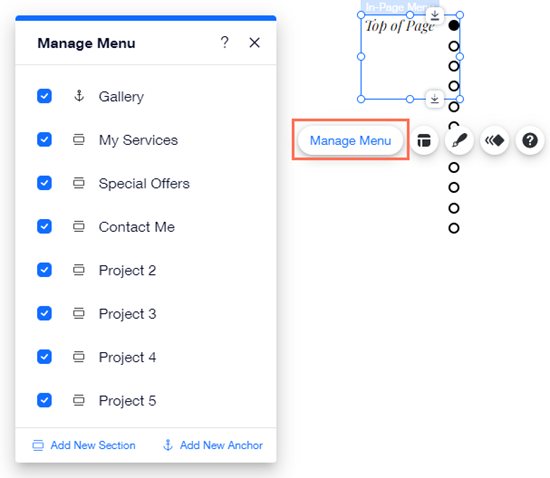 The manage menu panel of an in-page menu in the Editor.