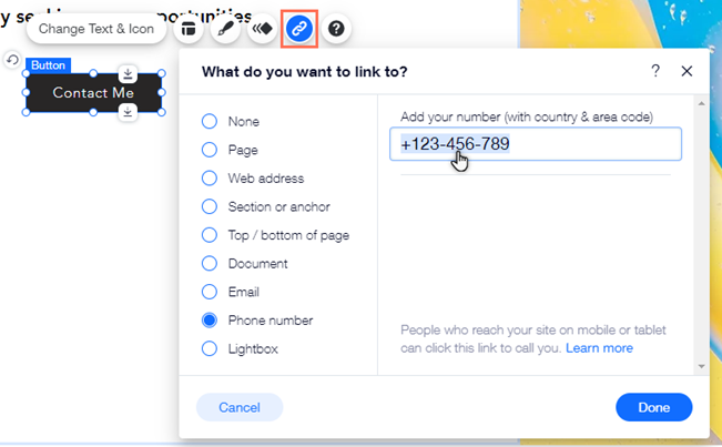 The 'What do you want to link to?' panel in the Editor. A button is being linked to a phone number.