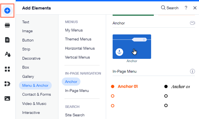 The add elements panel in the Editor. The cursor is hovering over the option to add an anchor.