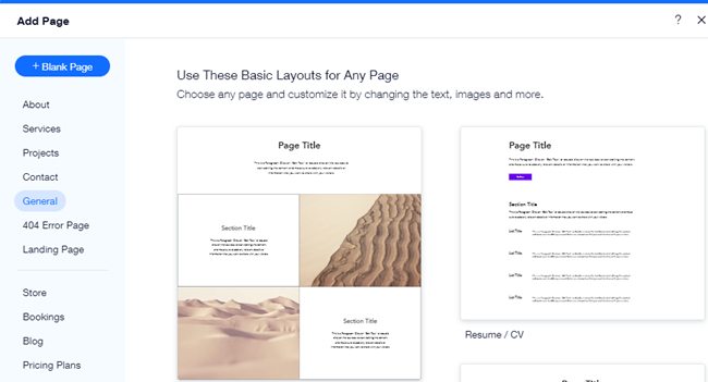 The Add Page panel in the Wix Editor.