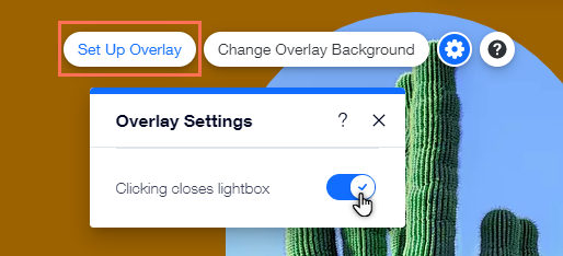 The overlay settings panel. The cursor is hovering over the 'Clicking closes lightbox' toggle.