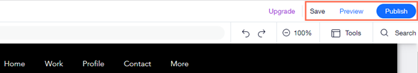 De Wix Editor De knoppen voor opslaan, voorbeeld en publiceren zijn gemarkeerd.