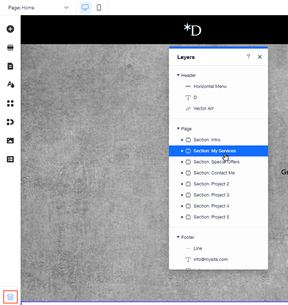 O painel Camadas no editor. O ícone está destacado.
