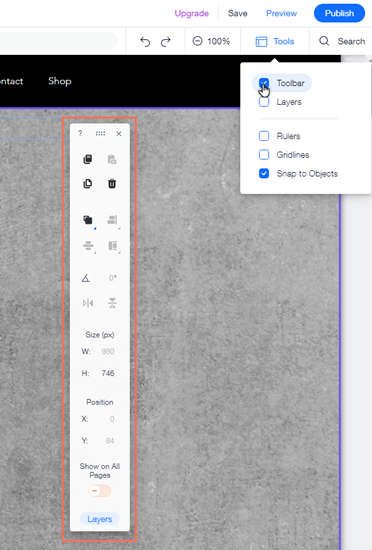 Het Tools-paneel in de Editor. Het selectievakje voor de werkbalk is geselecteerd en de werkbalk zelf is gemarkeerd.