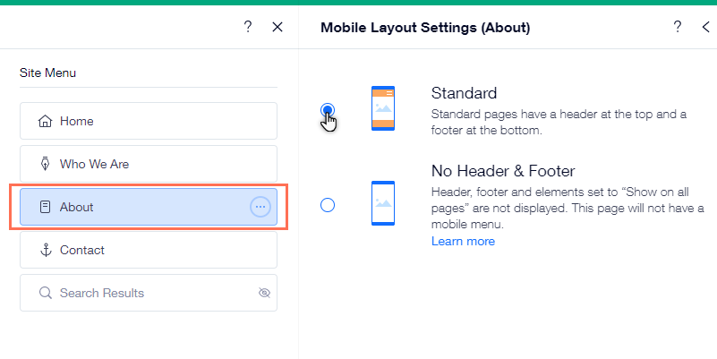 The page layout panel in the mobile Editor. The cursor is hovering over the option for a standard page layout.