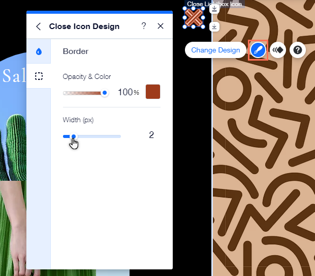 The X icon design panel. The cursor is hovering over the border width slider.