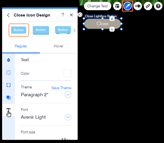The close icon design panel. The cursor is hovering over the Text tab, which is open.