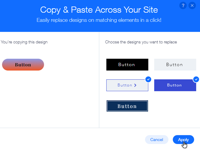 The copy element design panel. Two designs have been selected for the new design to be applied to.