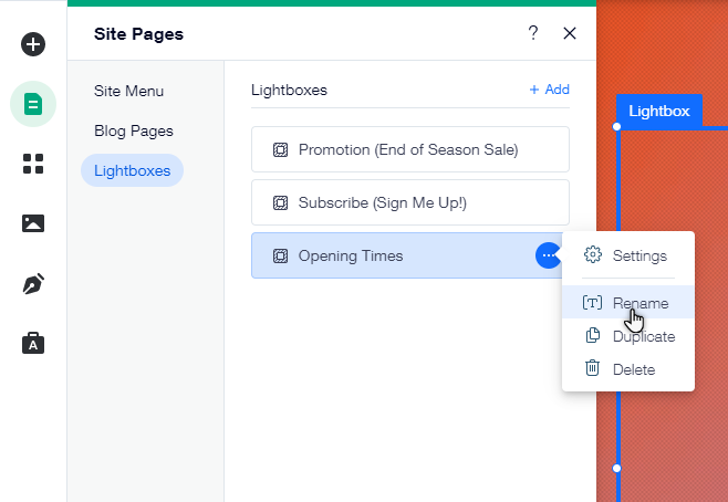 The lightbox tab in the menus and pages panel. the cursor is hovering over the 'rename' option.