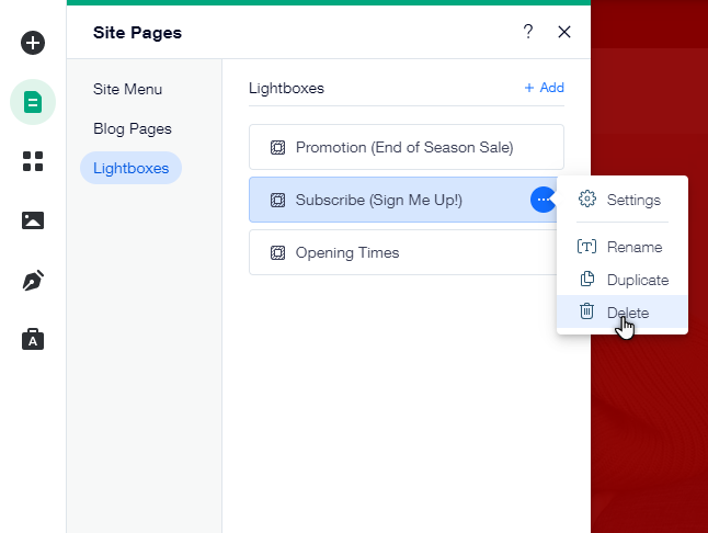 The lightbox tab in the menus and pages panel. the cursor is hovering over the 'delete' option.