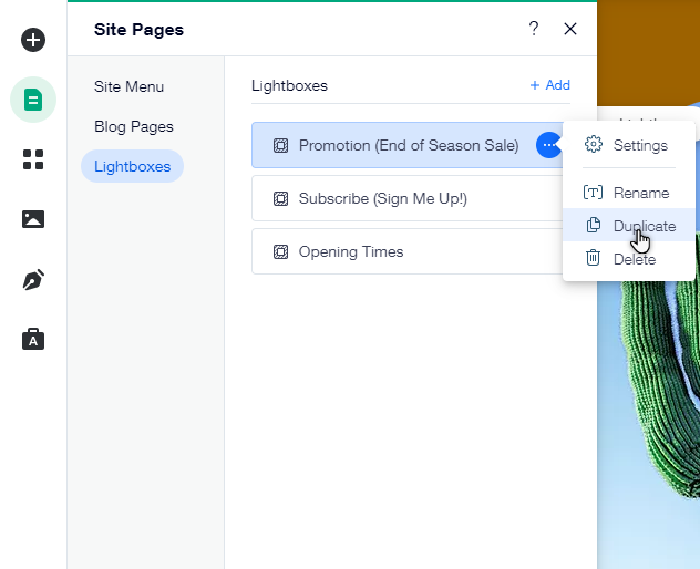 Der Bereich Lightbox im Menü- und Seiten-Panel. Der Cursor schwebt über der Option „Duplizieren“.