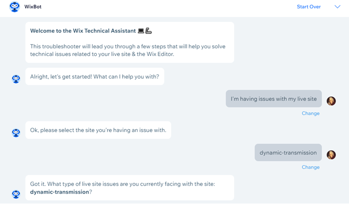 A screenshot showing a conversation with the WixBot.