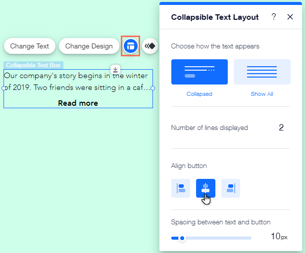 Das einklappbare Textlayout-Panel; der Cursor fährt über die Ausrichtungsoptionen des Buttons