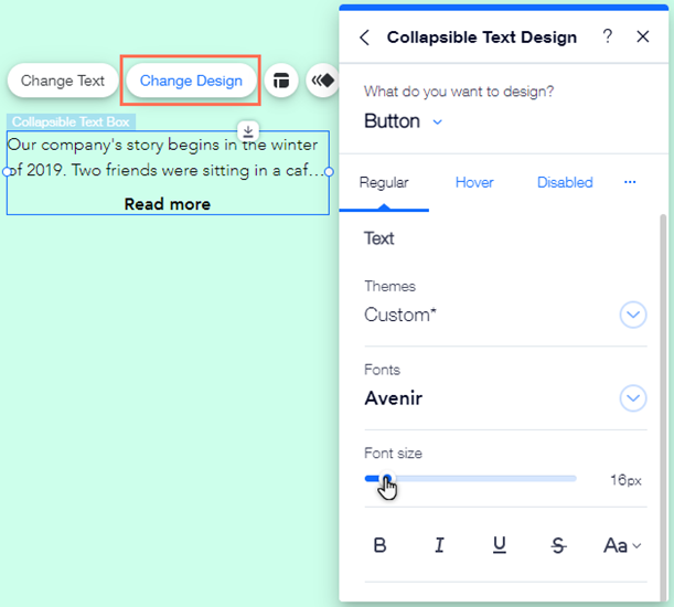 The design panel of collapsible text. The cursor is hovering over the font size slider.