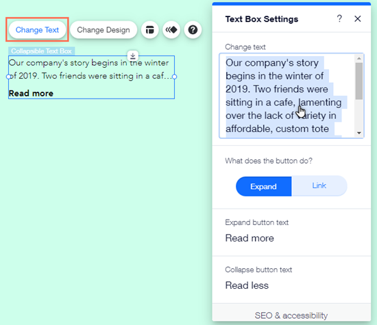 The collapsible text settings panel. The cursor is hovering over the text field.