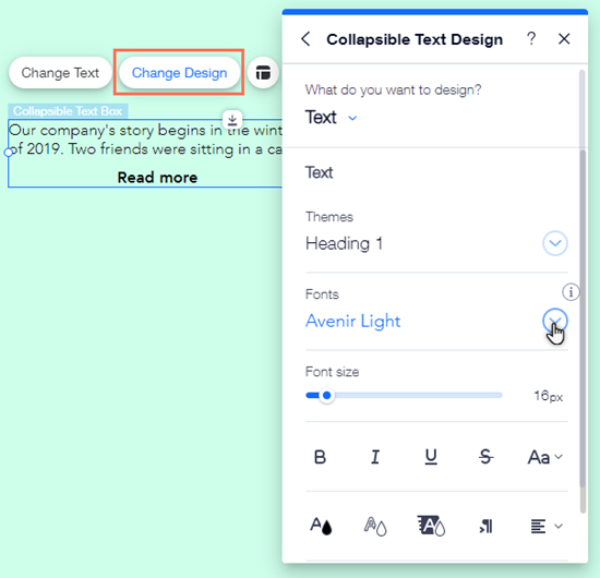 The design panel of collapsible text. The cursor is hovering over the font dropdown menu.