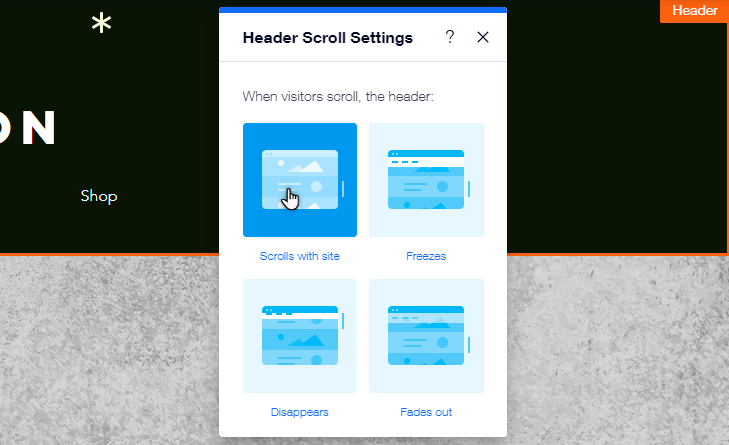 The header scroll settings panel. The 'scrolls with site' option has been selected.