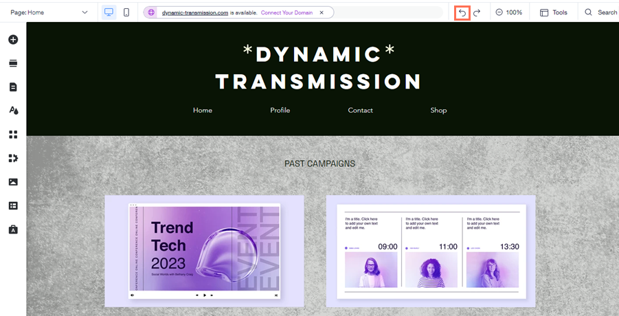 Wix エディタのスクリーンショット。エディタのトップバーにある「元に戻す」アイコンがハイライトされています。