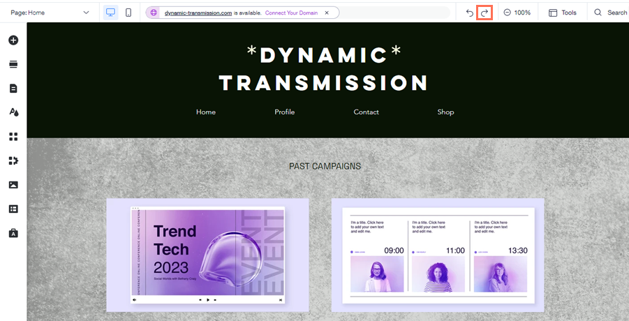 A screenshot of the Wix Editor. The Redo icon has been highlighted.