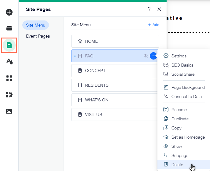 Das Menü- & Seiten-Panel im Editor. Der Cursor bewegt sich über die Option zum Löschen einer FAQ-Seite.