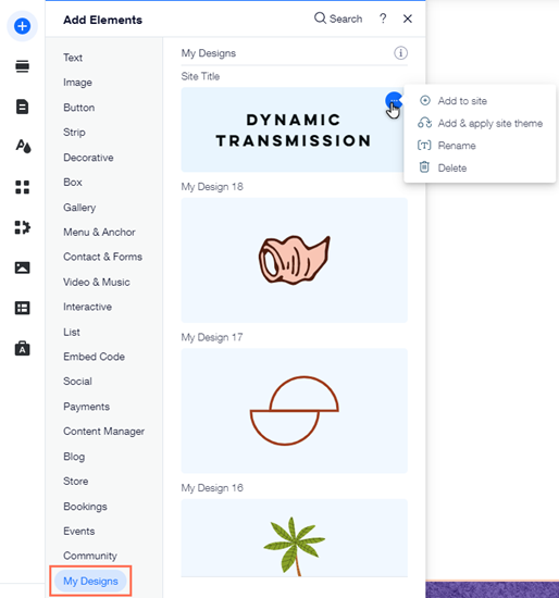 The My Designs panel in the Editor. The More actions panel has been opened on a saved design.