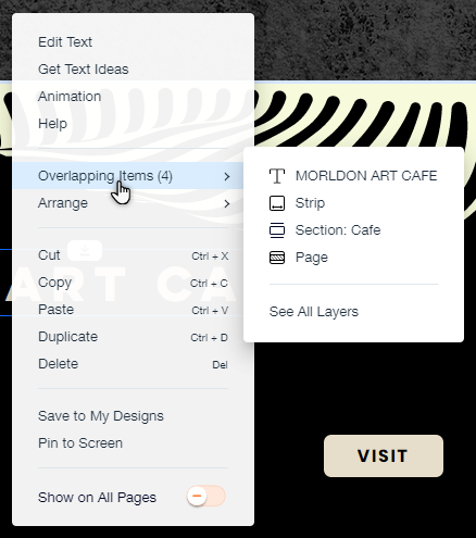 The right-click menu in the Wix Editor. The overlapping items tab has been opened.