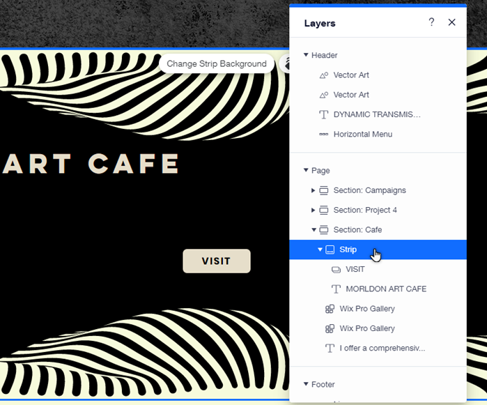 The layers panel in the Wix Editor. The cursor is hovering over the strip.