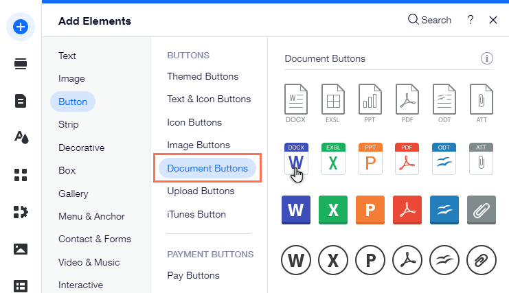 The add elements panel in the Editor. The Documents Button tab is open.