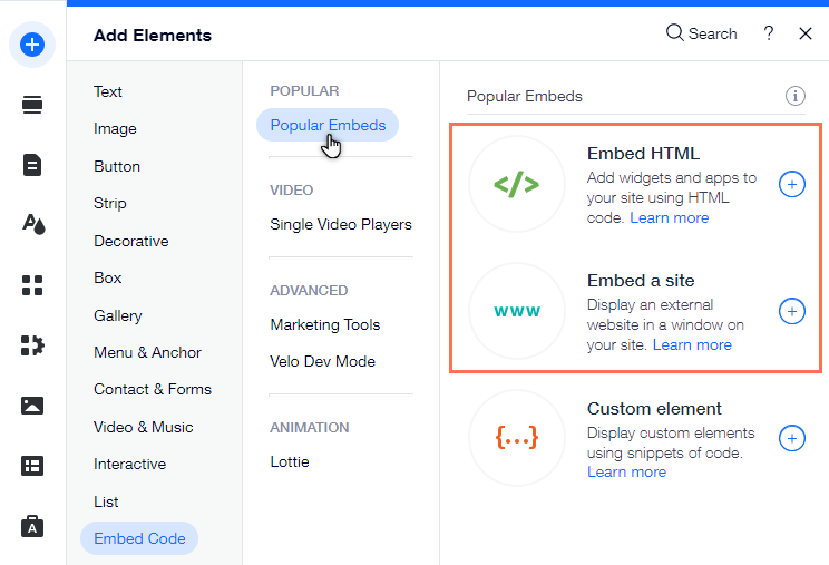 L'onglet Code d'intégration du panneau Ajouter dans l'Éditeur. Le code HTML et les éléments intégrés au site sont mis en surbrillance.