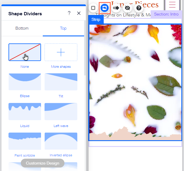 Het shape divider-paneel in de mobiele Editor. De optie 'Geen' is geselecteerd.